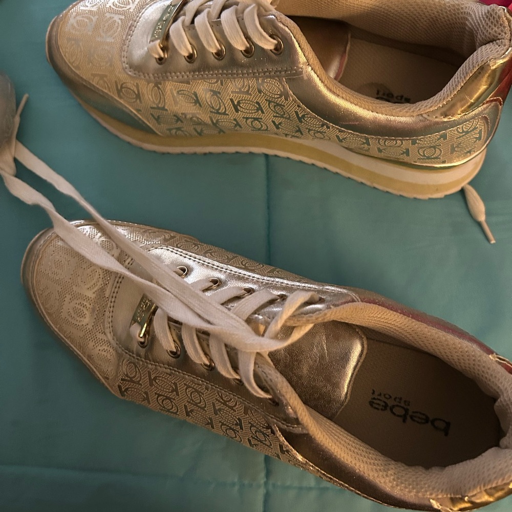 Bebe Women's Metallic Gold and Cream Sneakers